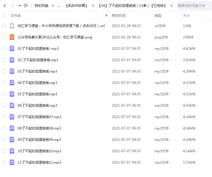 凯叔儿童有声故事《了不起的狐狸爸爸》完整版 mp3音频文件，儿童故事资源百度网盘下载